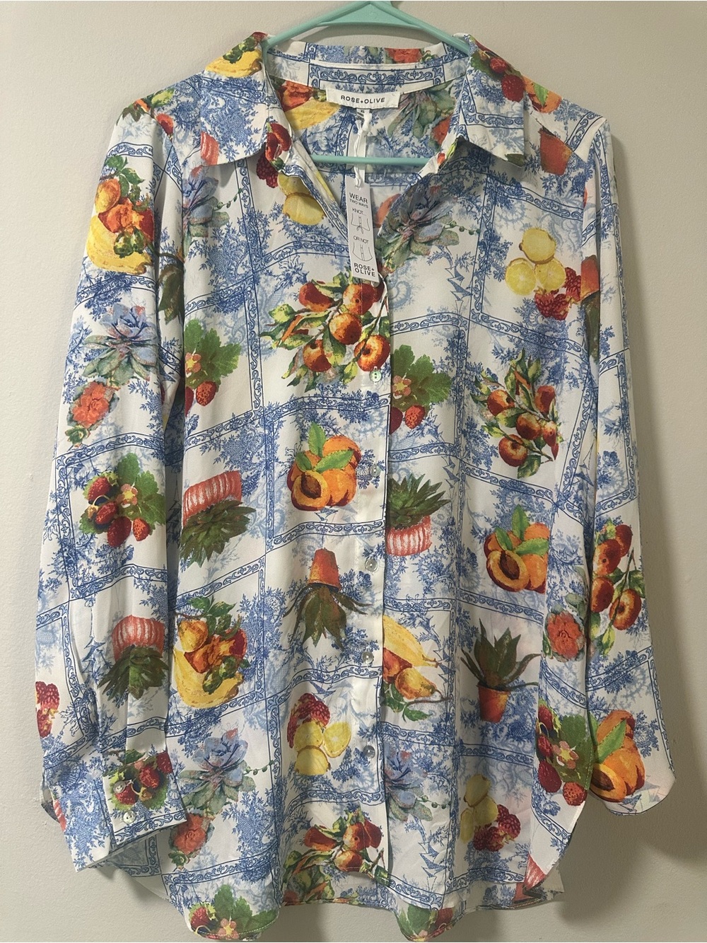 Rose & Olive Blue Toile Fruit Button-Up Shirt - Picture 2 of 6